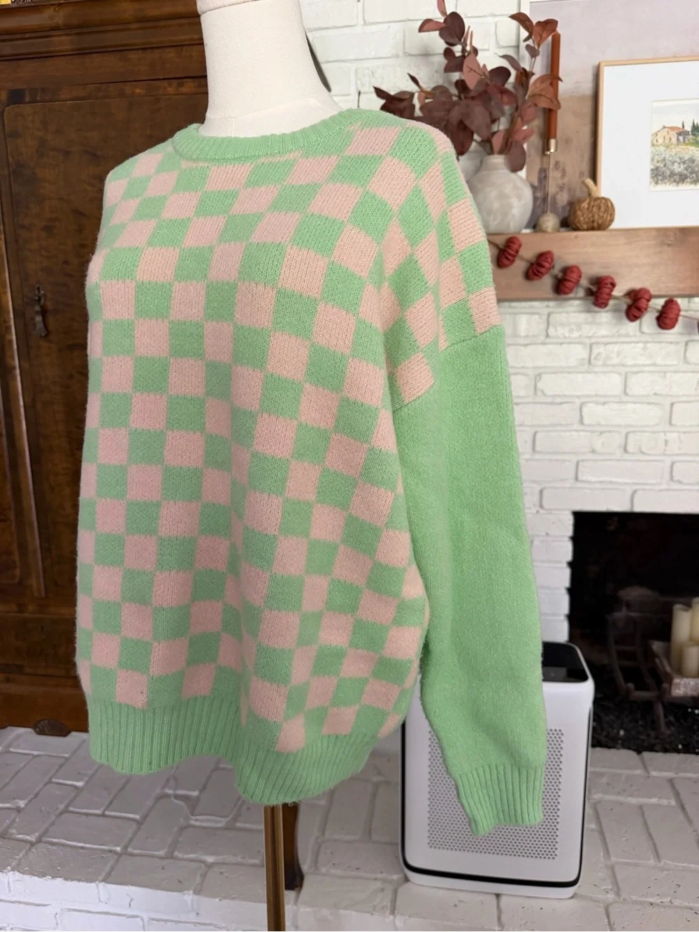 Princess Polly Mint Green & Light Pink Checker Knit Crew Sweater